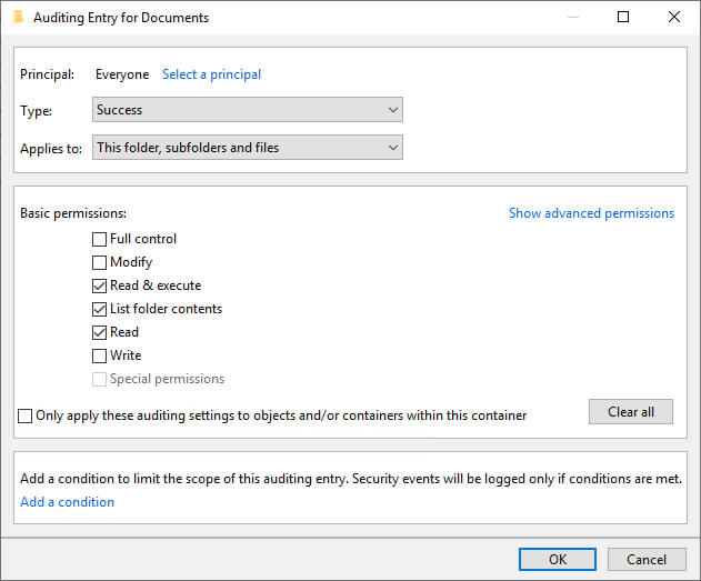 Auditing Entry for Documents settings