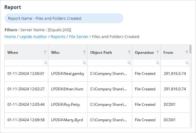 Lepide Auditor File Creation report