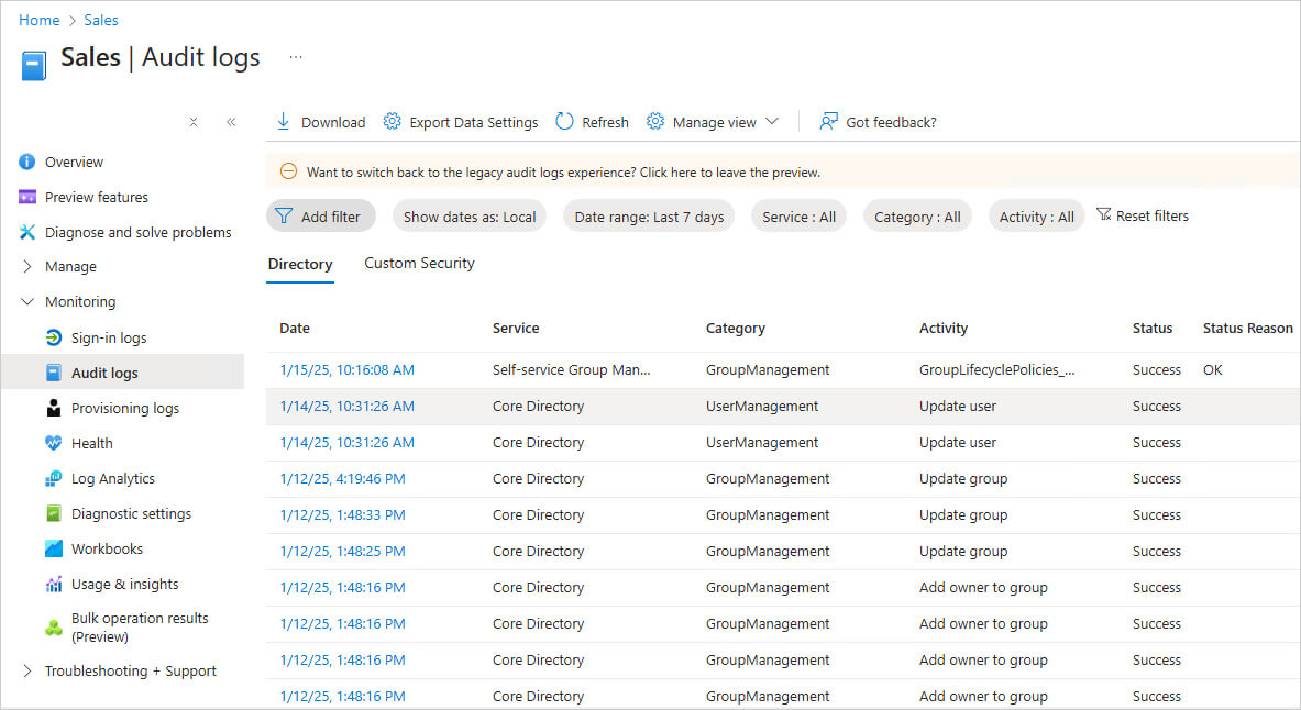 Native Azure AD audit logs