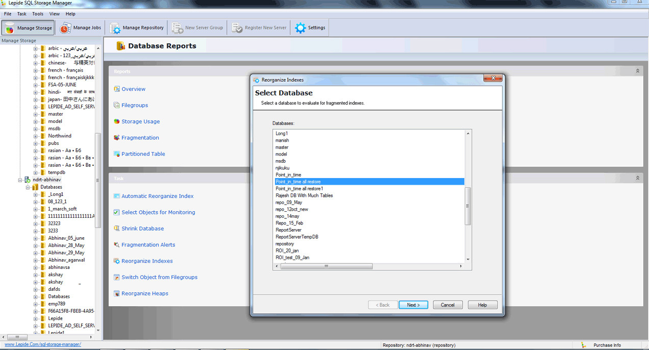 Screenshots of Lepide SQL Storage Manager showing Step by Step working